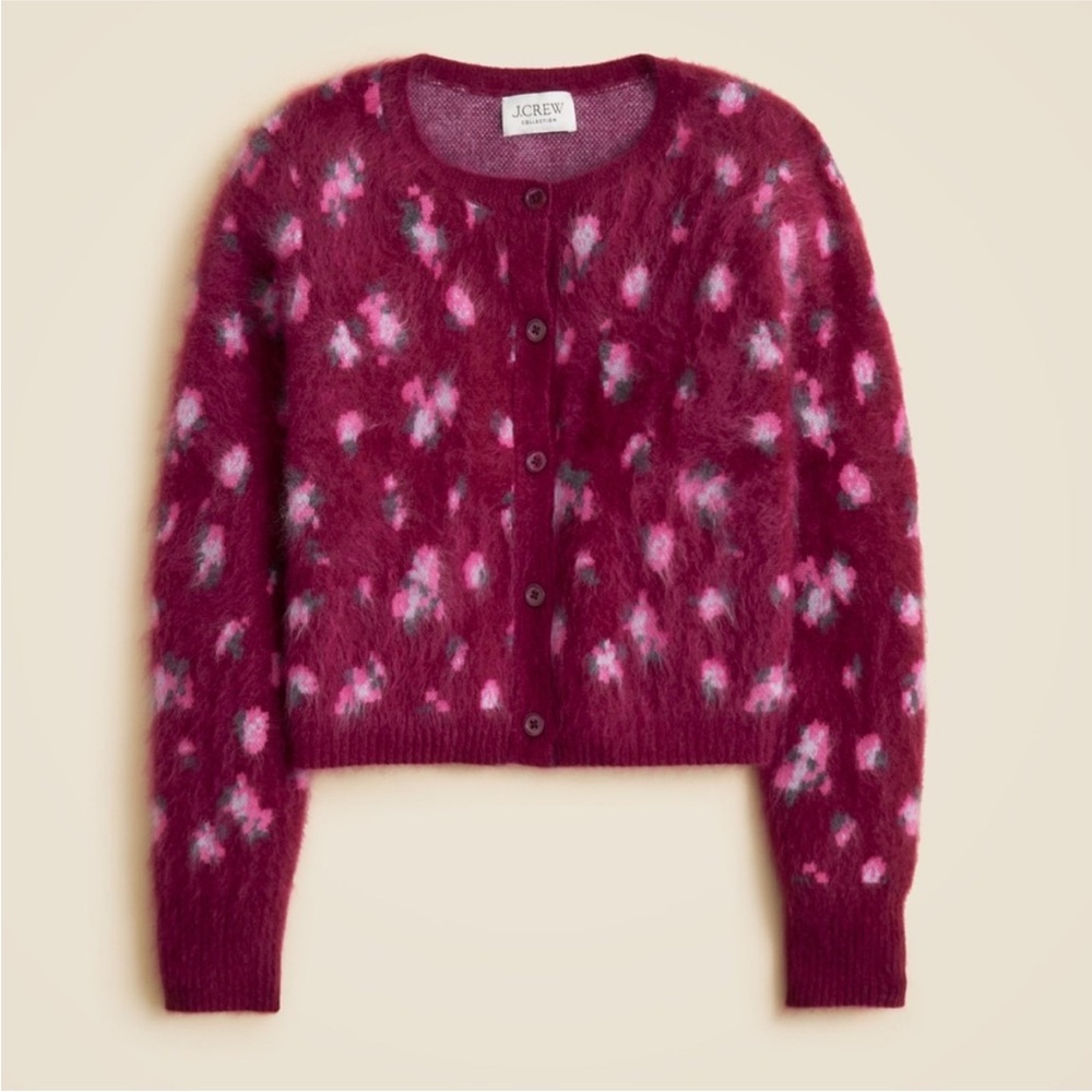 J. Crew Brushed Cashmere Cropped Cardigan blurry floral Mulberry Roses Med NWT
